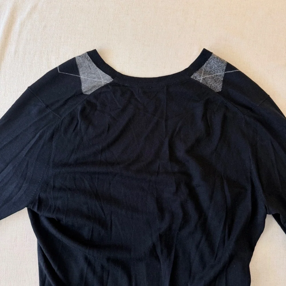 Banana Republic Argyle V-Neck Sweater Mens Large Black Grey Silk Cashmere Blend
